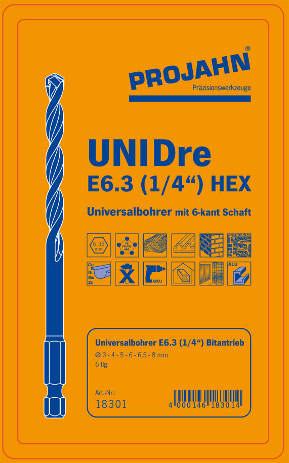 UNIDre-Universalbohrer Kassette 1/4" 6-kant-Aufnahme 6-tlg. Artikeldetailansicht