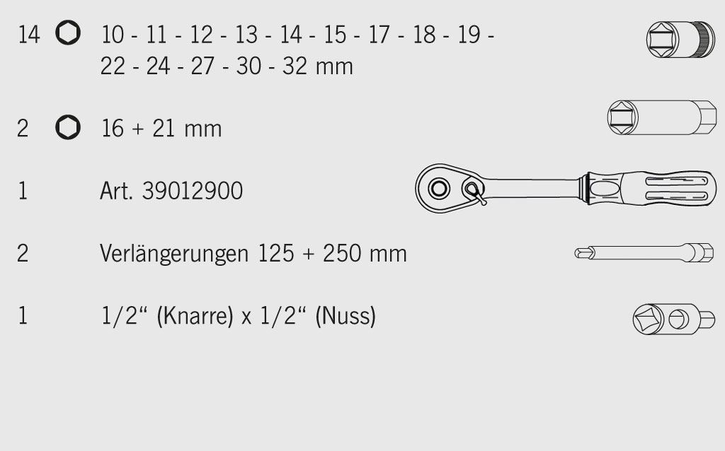 Industrie-Steckschlüsselkoffer metrisch 6-kant 12,5 / 1/2" 20-tlg. Artikeldetailansicht