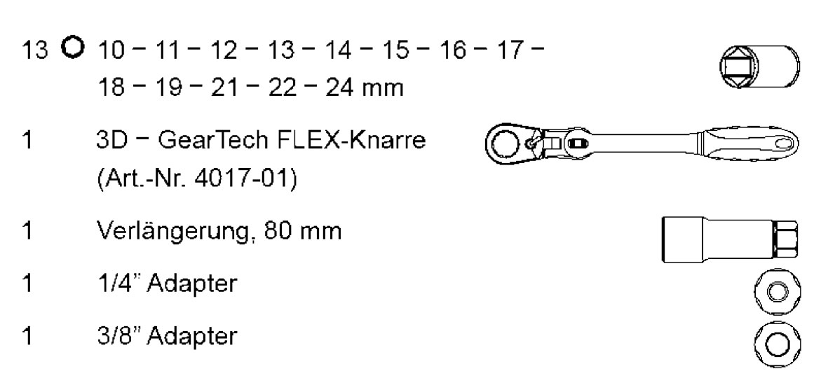 Durchschraubknarren-Koffer GearTech metrisch und zoll 6-kant 17-tlg. und E-TX Artikeldetailansicht