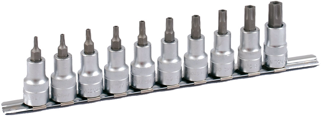 Steckschlüssel-Schiene bestückt für Innen-TX Schrauben mit stirnseitiger Bohrung 12,5 / 1/2" inkl. 10 Steckschlüssel-Einsätze