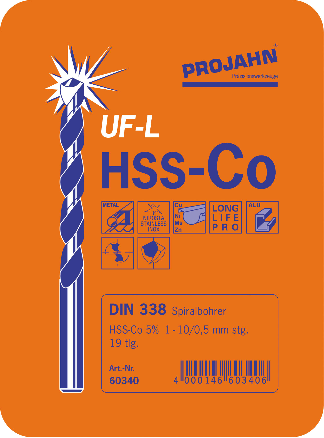 Mehrbereichs-Spiralbohrer Kassette HSS-Co DIN 338 Typ UF-L 19-tlg.  Artikeldetailansicht