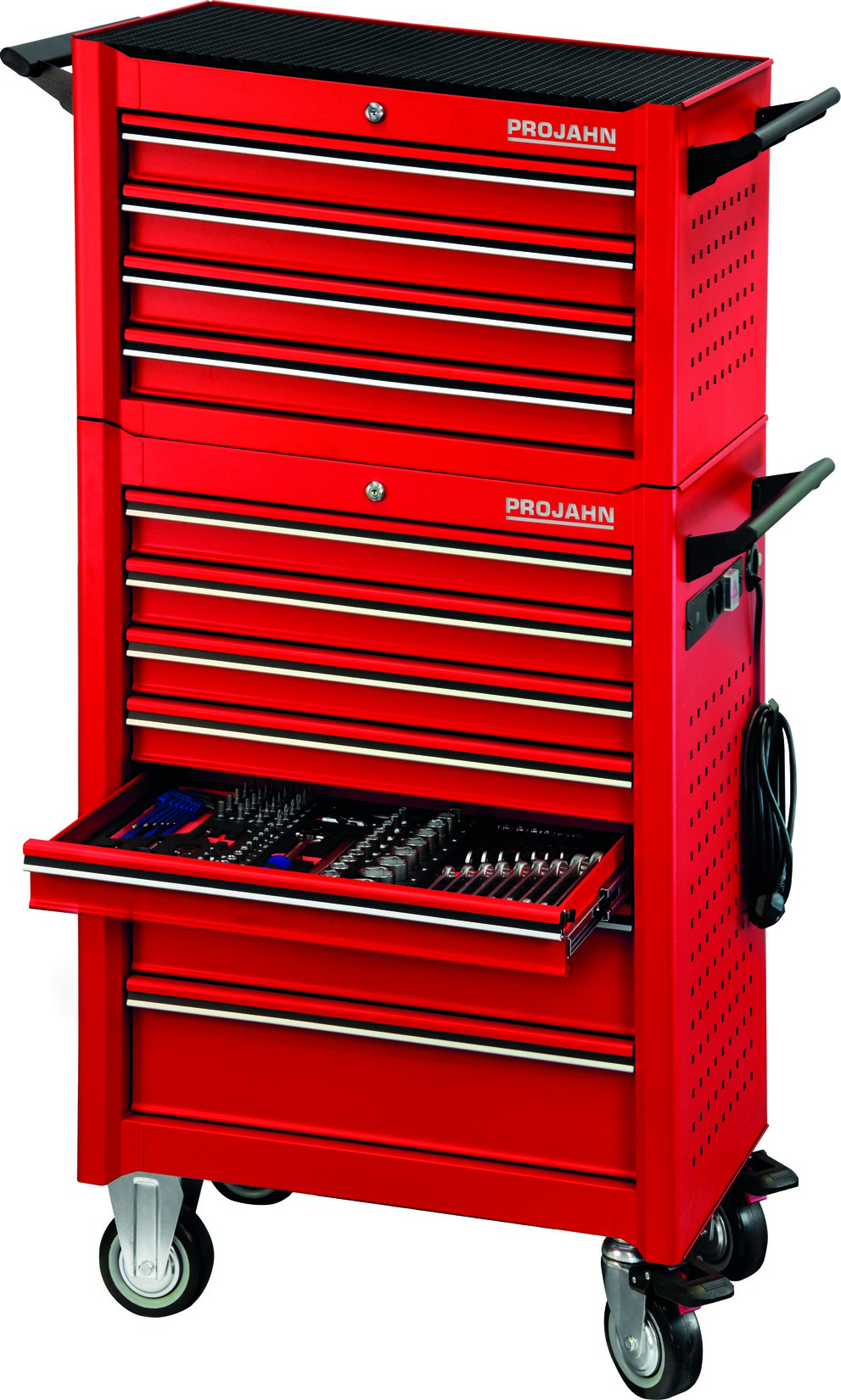 Projahn Bestückter Werkstattwagen UNIVERSE + E-Power Elektroverteiler + Werkstattwagenaufsatz UNIVERSE + Dosenhalter + Papierrollenhalter + 379-tlg. Rot