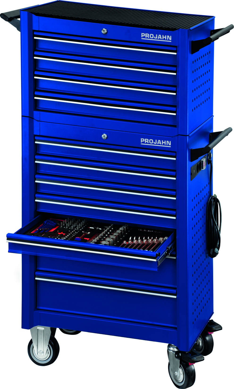 Projahn Bestückter Werkstattwagen UNIVERSE + E-Power Elektroverteiler + Werkstattwagenaufsatz UNIVERSE + Dosenhalter + Papierrollenhalter + 379-tlg. Blau 